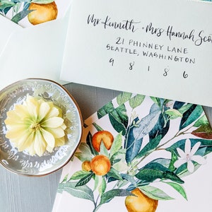A7 Envelope Liner with Euro flap | Citrus and Flower Wedding Envelope Liner | Wedding Envelopes | Orange, Green, and White Envelope Liner