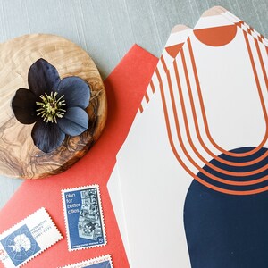 Modern A7 Envelope Liner with Euro flap | Geometric Wedding Envelope Liner | Orange Wedding Envelopes | Orange + Blue Modern Envelope Liners