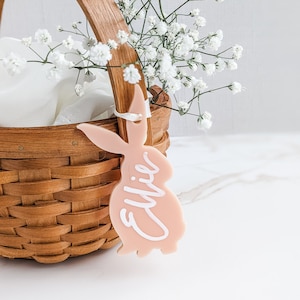 Etiquetas personalizadas para cesta de coelho da Páscoa | Coelho da Páscoa em acrílico | Etiqueta personalizada para coelho com caligrafia | Cartão de lugar para coelho da Páscoa