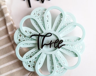 Light Teal and Black Modern Acrylic Flower Milestone Card | Baby Monthly Milestone Marker | Boho Milestone | Baby Shower Gift | Summer Baby