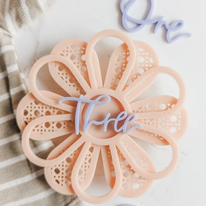 Carte d'étape de fleur acrylique moderne rose blush et violet clair | Marqueur d’étape mensuel pour bébé | Boho Bébé | Cadeau de fête de naissance | Bébé d'été
