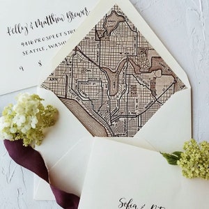 A7 Envelope Liner with Euro flap | Map Wedding Envelope Liner | Cream Wedding Envelopes | Brown and Cream Map Envelope Liner