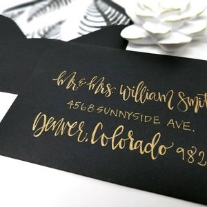 Hand Written Calligraphy Envelope on Black Envelope with Gold Ink