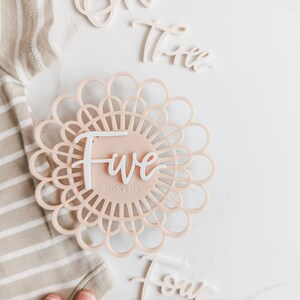 Tarjeta de hito de flor acrílica moderna rosa rubor y blanco / Marcador de hito mensual para bebé / Bebé boho / Regalo de baby shower / Bebé de verano