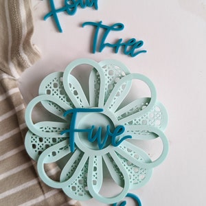 Carte d'étape de fleur acrylique moderne sarcelle claire et sarcelle | Marqueur d’étape mensuel pour bébé | Boho Bébé | Cadeau de fête de naissance | Printemps bébé