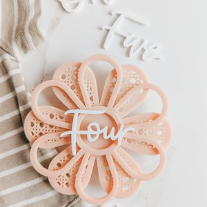 Carte d'étape de fleur acrylique moderne rose blush et blanc | Marqueur d’étape mensuel pour bébé | Étape importante de Boho | Cadeau de fête de naissance | Printemps bébé