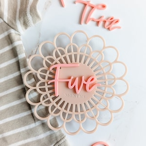 Carte d'étape de fleur acrylique moderne rose blush et rose | Marqueur d’étape mensuel pour bébé | Boho Bébé | Cadeau de fête de naissance | Printemps bébé