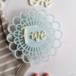 Carte d'étape de fleur acrylique moderne sarcelle claire et jaune | Marqueur d’étape mensuel pour bébé | Boho Bébé | Cadeau de fête de naissance | Printemps bébé