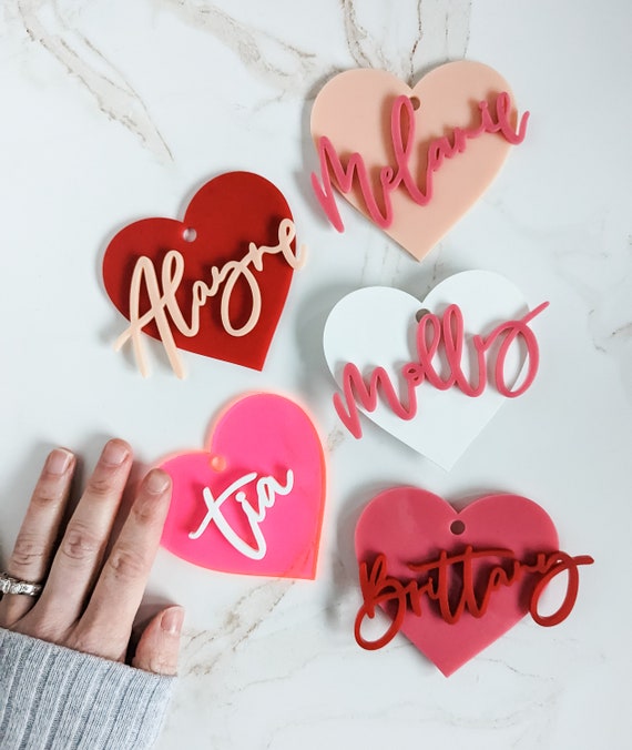 Personalized Valentines Day Gift Tags Acrylic Hearts Acrylic Heart  Galentine Décor Personalized Calligraphy Valentine Place Cards 