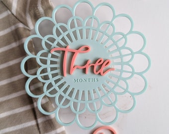 Light Teal and Pink Modern Acrylic Flower Milestone Card | Baby Monthly Milestone Marker | Boho Baby | Baby Shower Gift | Spring Baby