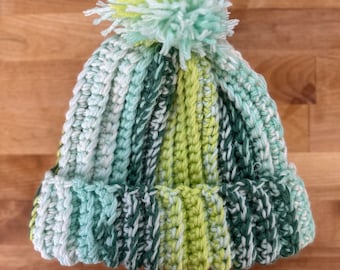 Warm and Cozy Crochet Beanie – Handmade Winter Hat in Green and White - Trendy Fashion Accessory