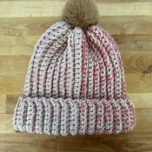 Warm and Cozy Crochet Beanie – Handmade Two-Toned Winter Hat in Pink and Beige - Trendy Fashion Accessory