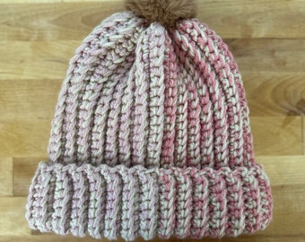 Warm and Cozy Crochet Beanie – Handmade Two-Toned Winter Hat in Pink and Beige - Trendy Fashion Accessory