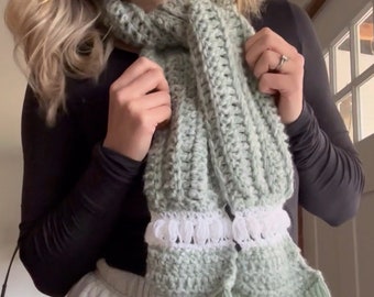 Bubble Fringe Scarf - Handmade Winter Accessory - Cozy Crochet Neckwear - Unique Texture and Style - Green and White