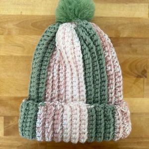Warm and Cozy Crochet Beanie – Handmade Winter Hat in Striped Pink, Green and Beige - Trendy Fashion Accessory
