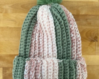 Warm and Cozy Crochet Beanie – Handmade Winter Hat in Striped Pink, Green and Beige - Trendy Fashion Accessory