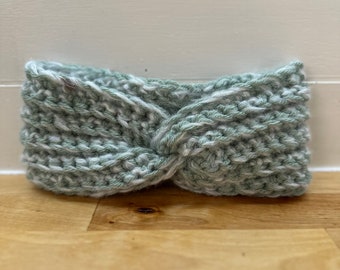 Handmade Twisted Headband - Soft Knit Ear Warmer - Stylish Winter Accessory - Sage Green and White