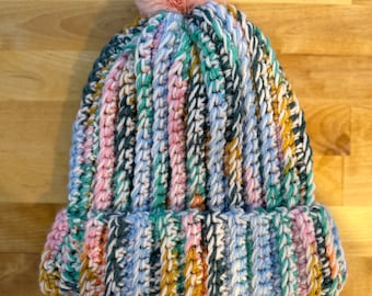 Warm and Cozy Crochet Beanie – Handmade Winter Hat in Multicolor (Blue and Pink) - Trendy Fashion Accessory
