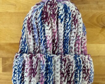Warm and Cozy Crochet Beanie – Handmade Winter Hat in Purple, Blue and White with Sparkles - Trendy Fashion Accessory