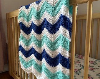 Handmade Crochet Blue Serenity Chevron Baby Blanket - Shades of Blue and White Nursery Bedding