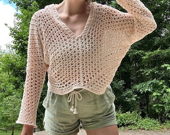 Seaside Breeze Crochet Hoodie Pattern – Hexagon Sweater PDF & Video Tutorial – Lightweight Summer Pullover – Made to Measure Crochet Pattern