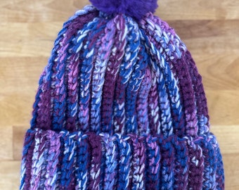 Warm and Cozy Crochet Beanie – Handmade Winter Hat in Purple and Blue - Trendy Fashion Accessory