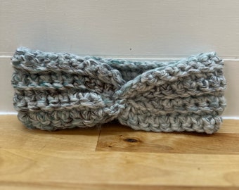 Handmade Twisted Headband - Soft Knit Ear Warmer - Stylish Winter Accessory - Green and Gray