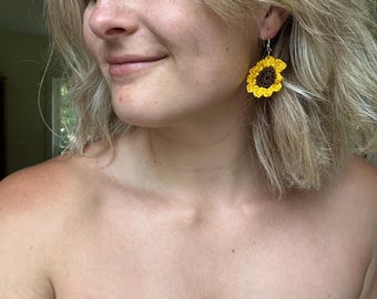 Hand Crocheted Earrings - Monstera Leaf, Sunflower, Rose | Boho Floral Jewelry | Unique Handmade Gifts | Dangling Earrings