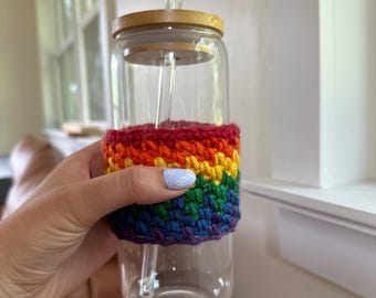 Handmade Crochet Iced Coffee Coozie with Glass Cup | Reusable Cup Cozy | Eco-Friendly Beverage Holder | Perfect Gift | Custom Colors
