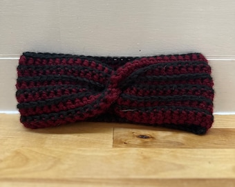 Handmade Twisted Headband - Soft Knit Ear Warmer - Stylish Winter Accessory - Merlot and Black