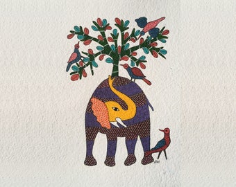 Original Gond Art Painting. Original water colour Painting. Indian tribal painting. Handmade paper. Elephant and birds.