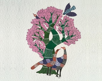 Original Gond Art Painting. Original water colour Painting. Indian tribal painting. Handmade paper. Birds in love.