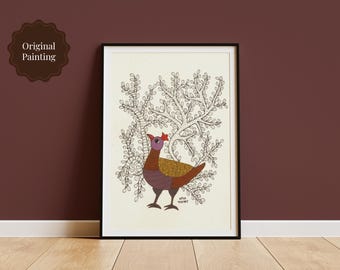 May include: A framed painting on a cream background featuring a stylized bird with a purple head, a red crest, and a textured gold-colored body. The bird is surrounded by intricate, black-lined tree branches with small leaves, all enclosed in a black frame.