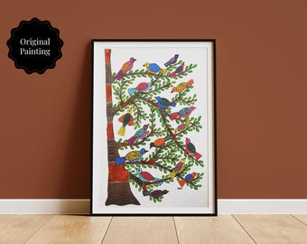 May include: A framed painting featuring a stylized brown tree with a textured trunk and numerous green branches. Multiple colorful birds in shades of blue, red, yellow, orange, and purple are perched throughout the branches. The background is white.