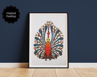 May include: A framed painting featuring a stylized peacock with a bright orange body, a yellow head, and a large, fanned tail composed of intricate blue and brown feather-like patterns. The artwork is set against a plain white background.