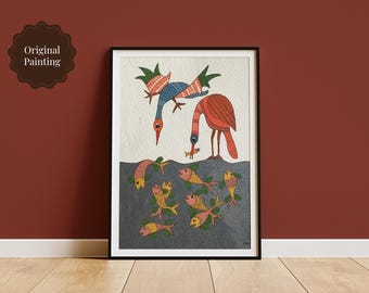 Original Gond Art Painting: Fishing Birds Watercolour on Paper