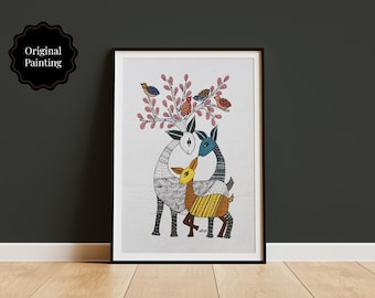 Original Gond Art Painting, Family of Deer, Indian Tribal Art