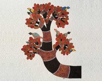 Original Gond Art Painting. Original water colour Painting. Indian tribal painting. Handmade paper. Tree of life.