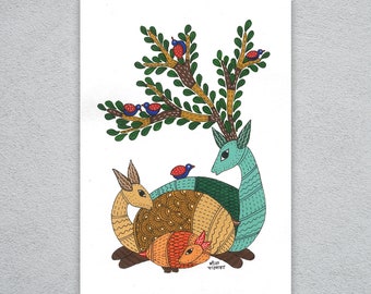 Original Gond Art Painting. Original water colour Painting. Indian tribal painting. Handmade paper. happy family of deer, gift.