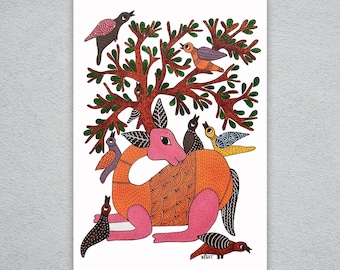 Original Gond Art Painting. Original water colour Painting. Indian tribal painting. Handmade paper. Deer under tree.
