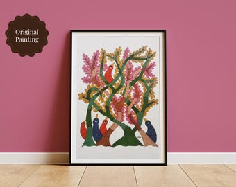 Family of Birds Gond Art Painting, Handmade Watercolor on Paper