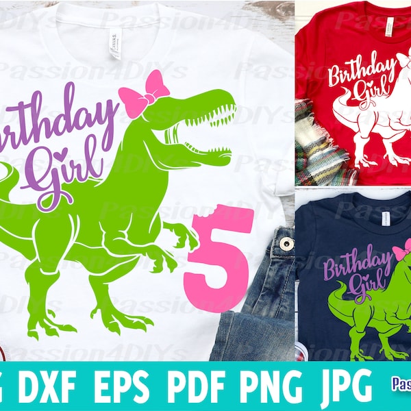 Dinosaur Birthday Girl Svg, Five Rex Svg, 5th Birthday Fifth Rex Birthday Cut Files Dxf Eps Sublimation T-Rex Birthday Girl Shirt Design