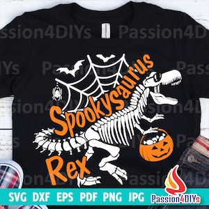 Spooky Saurus Rex Svg, Halloween Dinosaur Svg, T-Rex Skeleton Kids shirt design Svg, Dxf, Eps, Png Spooky Saurus Rex Files Silhouette Cricut