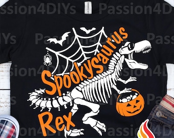 Spooky Saurus Rex Svg, Halloween Dinosaur Svg, T-Rex Skeleton Kids shirt design Svg, Dxf, Eps, Png Spooky Saurus Rex Files Silhouette Cricut