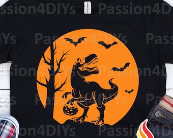 Halloween Dinosaur Svg, Spooky Saurus Rex Svg, T-Rex with Pumpkin Svg, Dxf, Eps, Png, Fall Cut Files, Kids Shirt Design, Silhouette, Cricut
