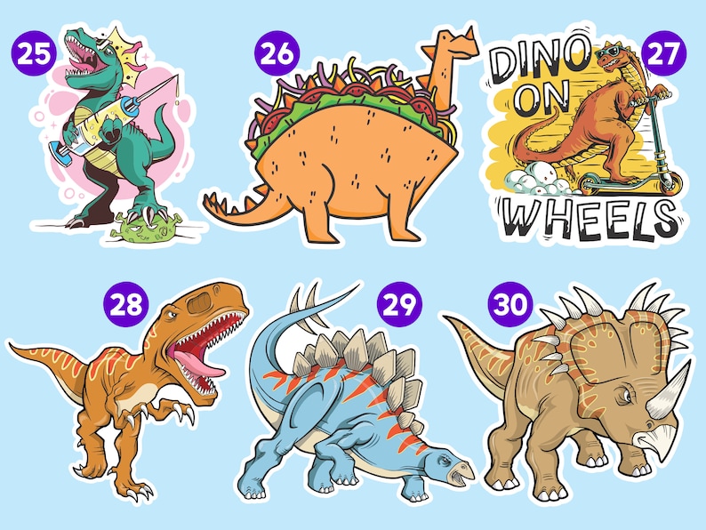 Peut inclure: Dix autocollants color&eacute;s repr&eacute;sentant des dinosaures de dessin anim&eacute; dans diff&eacute;rentes poses. Les autocollants sont num&eacute;rot&eacute;s de 25 &agrave; 30. Les dinosaures sont repr&eacute;sent&eacute;s dans une vari&eacute;t&eacute; de couleurs, notamment le vert, l'orange, le brun, le bleu et le beige. Les autocollants sont parfaits pour ajouter une touche amusante et fantaisiste &agrave; tout projet.