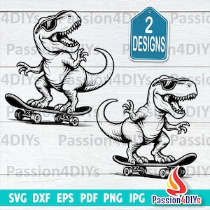 Dinosaur On Skateboard Svg, Dinosaur svg, Dino Svg, Tyrannosaurus Svg, Skate Sunglasses svg, T-Rex Svg Png Dxf Cricut, Silhouette Cut files