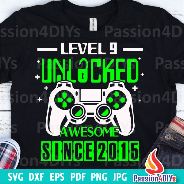 Level 9 Unlocked svg / 9th Birthday Boy Gamer / 9 years Old Gamer T-shirt Video Game Controller Joystick Png Sublimation Cricut Silhouette