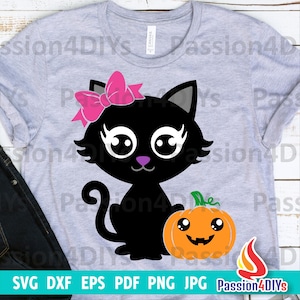 ハロウィーンのかわいい黒猫 SVG、カボチャと黒猫 SVG、リボン付き女の子猫 SVG、秋の幼児向けハロウィンシャツデザイン SVG Dxf Eps Png