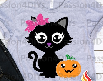 Halloween Cute Black Cat Svg, Black Cat with Pumpkin Svg, Girl Cat with Bow Svg, Fall Toddler Baby Halloween Shirt design Svg Dxf Eps Png
